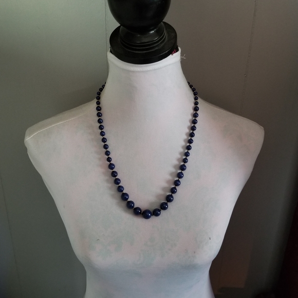 Vintage blue stone bead necklace gold tone Lapis Lazuli? Elegant boho - Picture 3 of 16